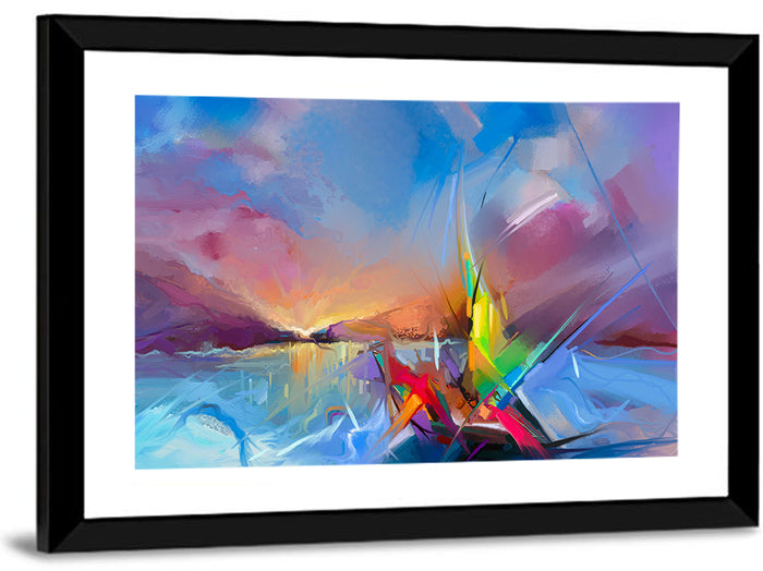 Radiant Sunset Sailboat Painting Wall Art as a framed print