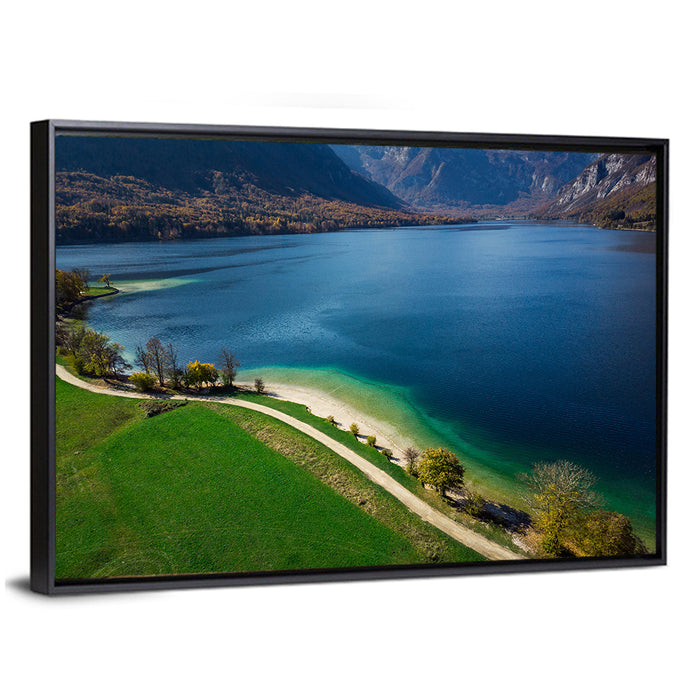 Bohinj Lake Shoreline Wall Art as a framed canvas