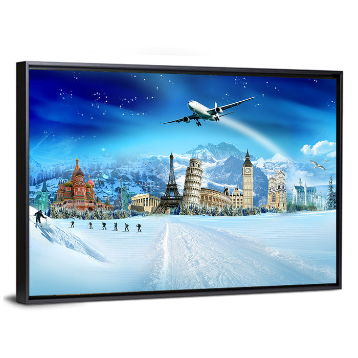 Global Winter Travel Montage Wall Art as a framed canvas