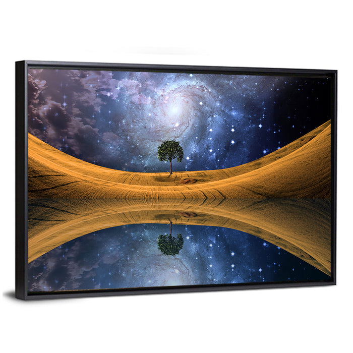 Solitary Tree Beneath Spiral Galaxy Wall Art as a framed canvas