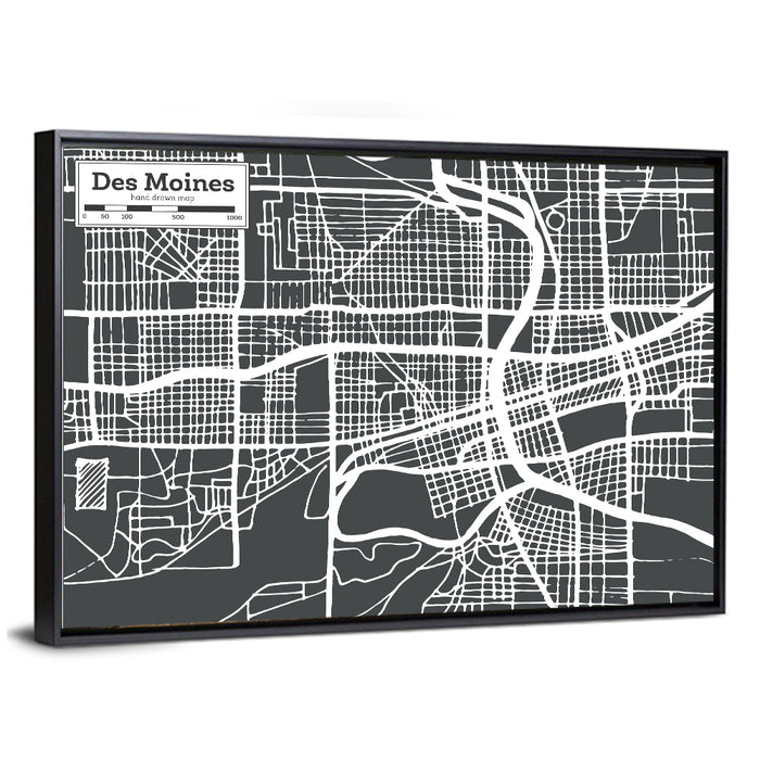 Des Moines Grid Map Wall Art as a framed canvas