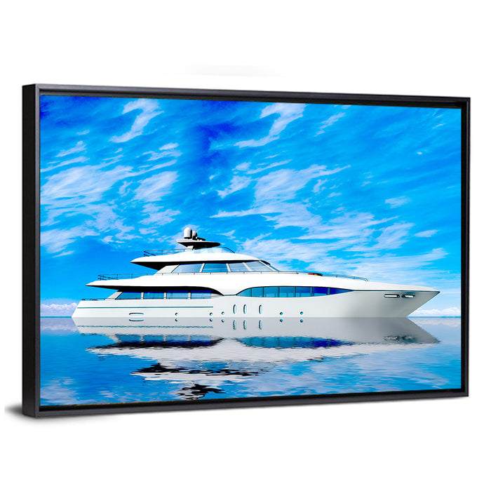Blue Yacht Reflection Wall Art as a framed canvas