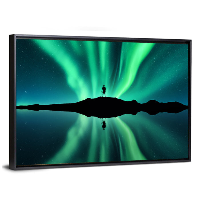 Northern Lights Over Mountain Lake, Norway Wall Art as a framed canvas