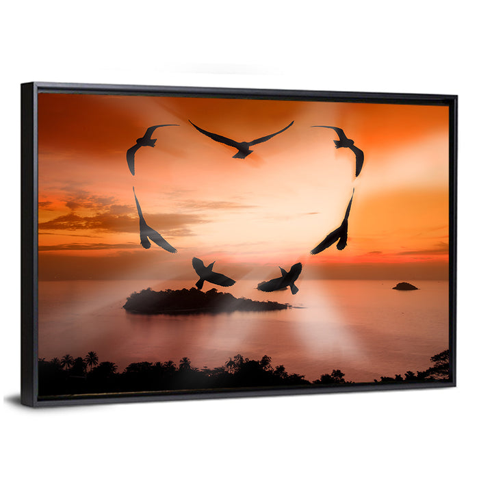 Heart-shaped Birds at Sunset Wall Art as a framed canvas