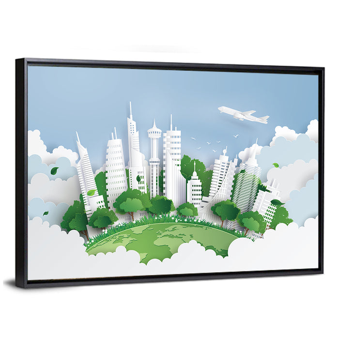 Green Globe Cityscape Wall Art as a framed canvas
