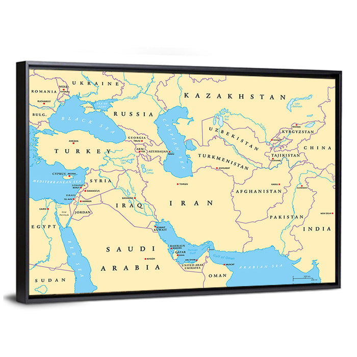 Southwest Asia Political Map, Cartographic Wall Art as a framed canvas