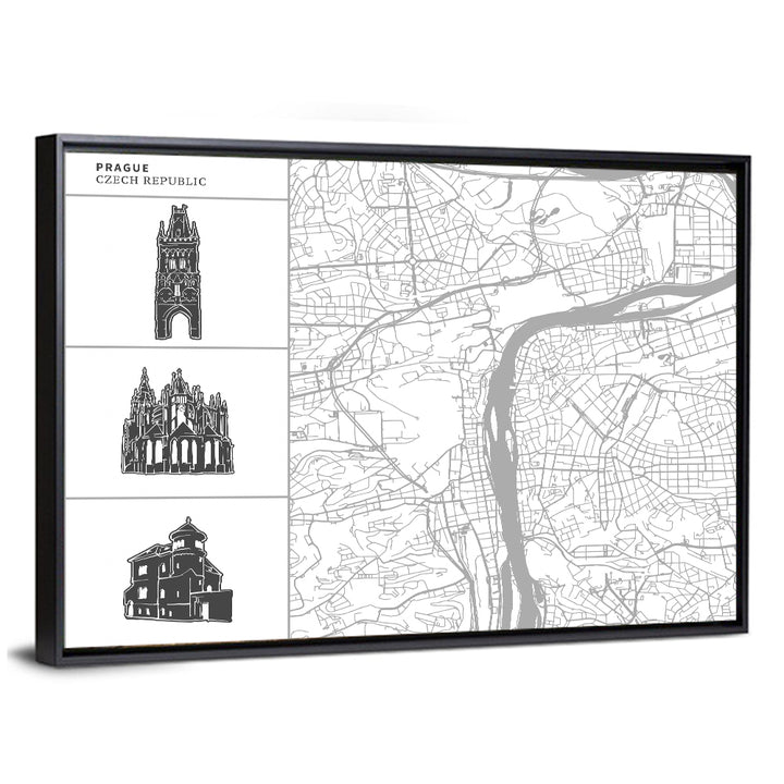 Prague City Map with Architectural Silhouettes Wall Art