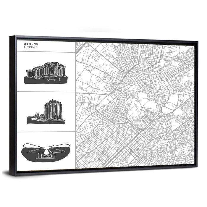 Athens Map with Parthenon Icons Wall Art as a framed canvas