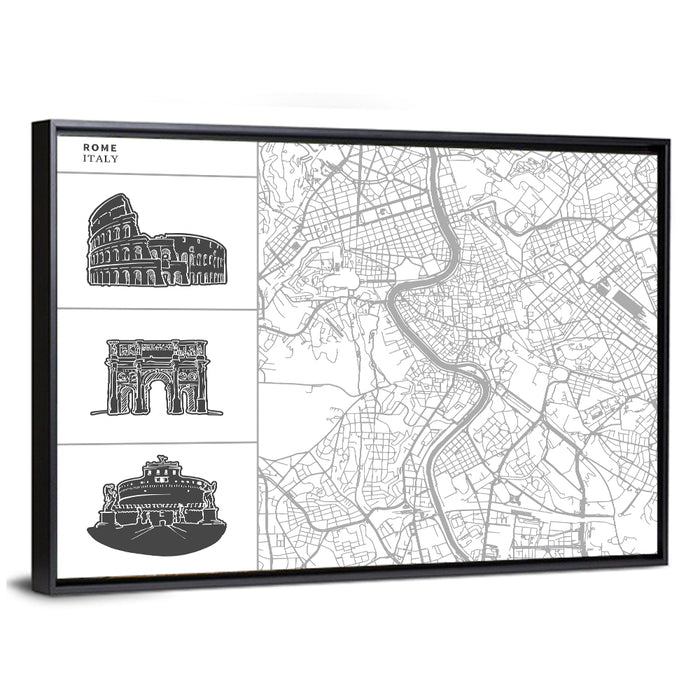 Rome Map with Landmark Sketches Wall Art as a framed canvas