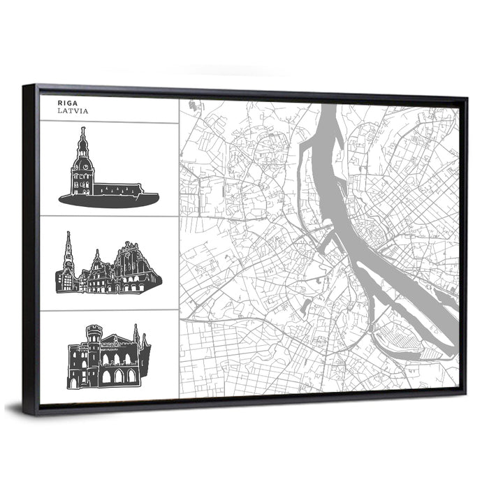 Riga Map with Cathedral Silhouettes Wall Art as a framed canvas