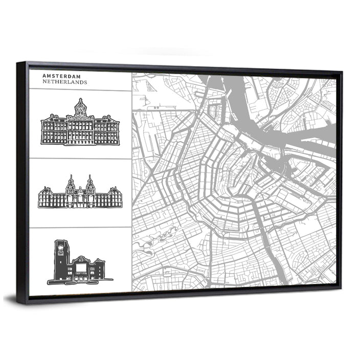 Amsterdam Map Line Wall Art as a framed canvas