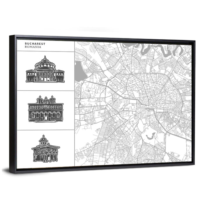 Bucharest City Map with Architectural Sidebar Wall Art as a framed canvas