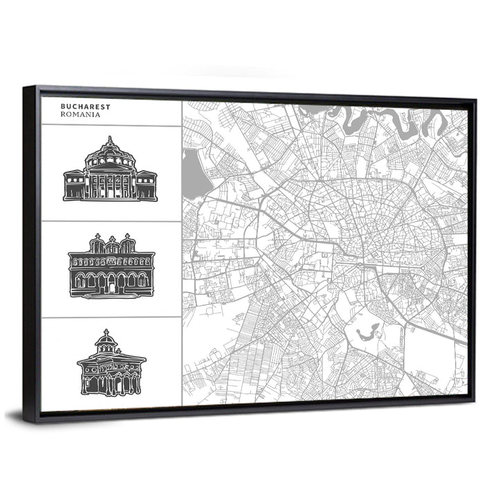 Bucharest City Map with Architectural Sidebar Wall Art