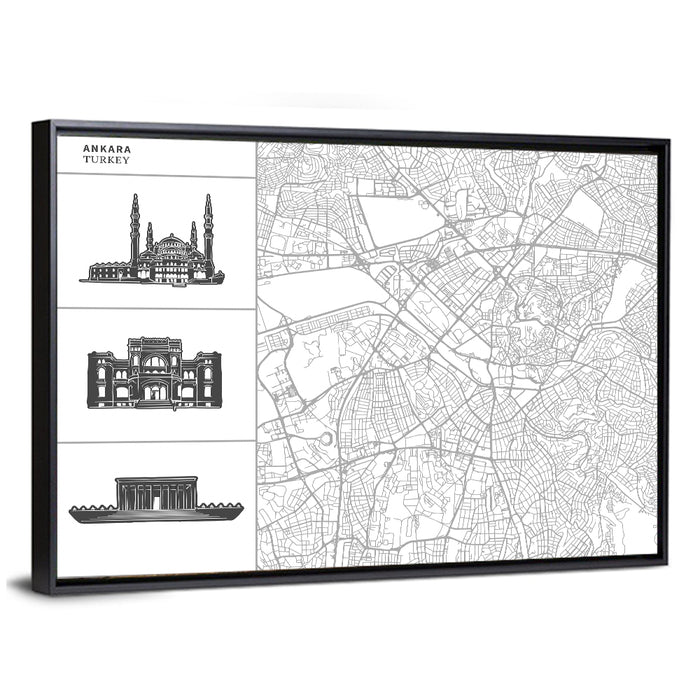 Ankara Map with Anıtkabir Silhouette Wall Art as a framed canvas