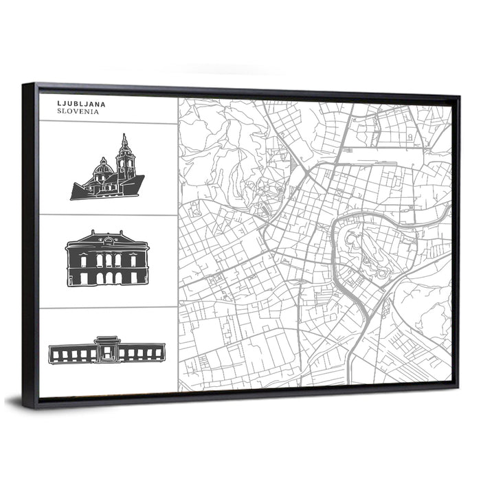 Ljubljana Map with Cathedral Silhouettes Wall Art as a framed canvas