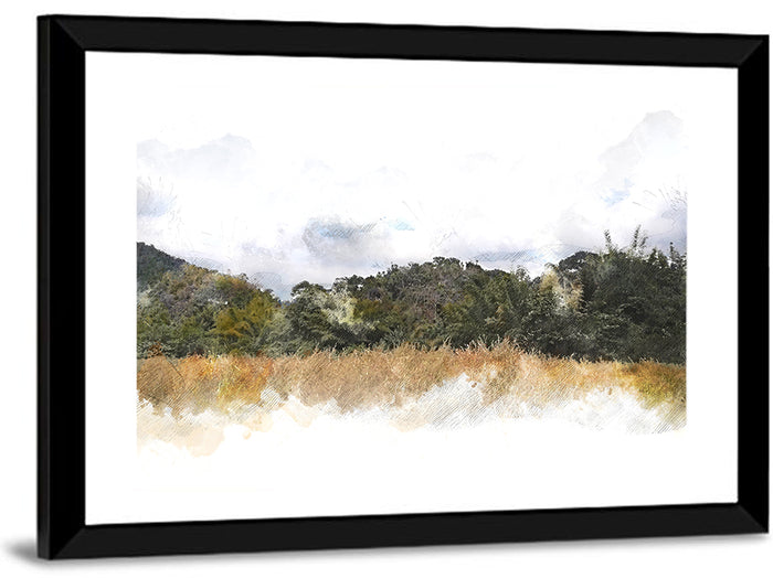 Golden Field Watercolor Illustration Wall Art as a framed print