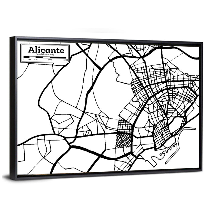 Alicante City Plan Wall Art as a framed canvas