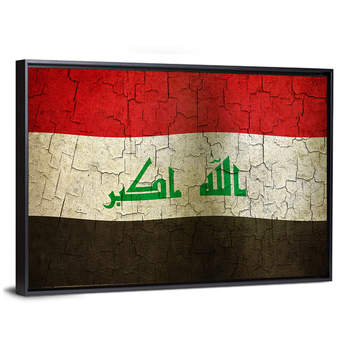 Iraqi Flag with Weathered Calligraphy Wall Art as a framed canvas