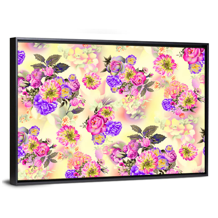 Summer Roses and Iris Pattern Wall Art as a framed canvas
