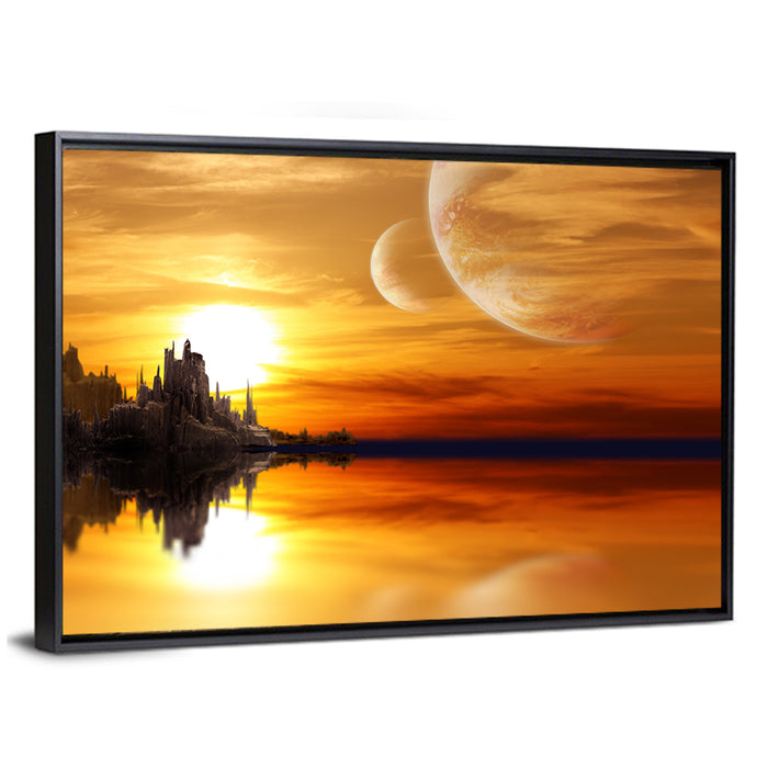 Twin Moons Over Alien Castle Wall Art as a framed canvas