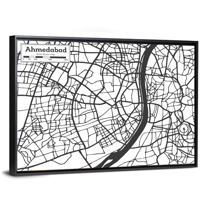 Ahmedabad City Map Wall Art as a framed canvas