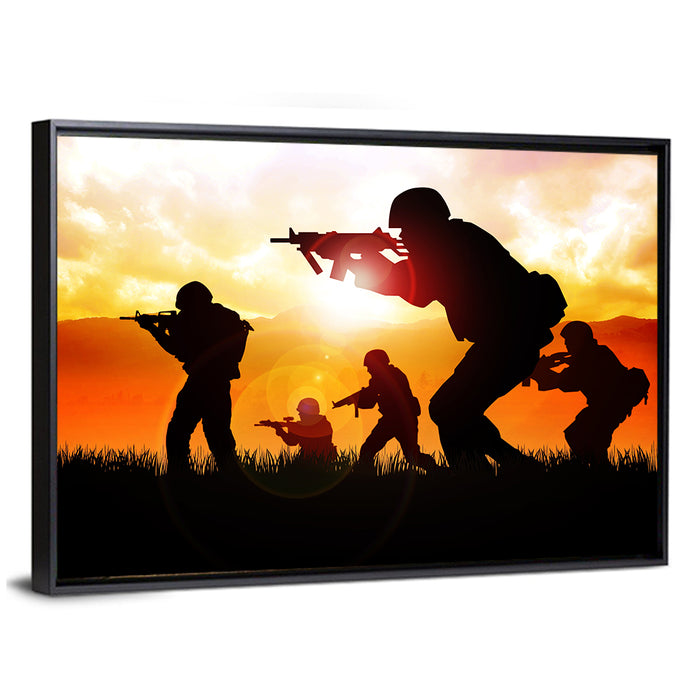 Soldiers Silhouette at Sunrise Wall Art as a framed canvas