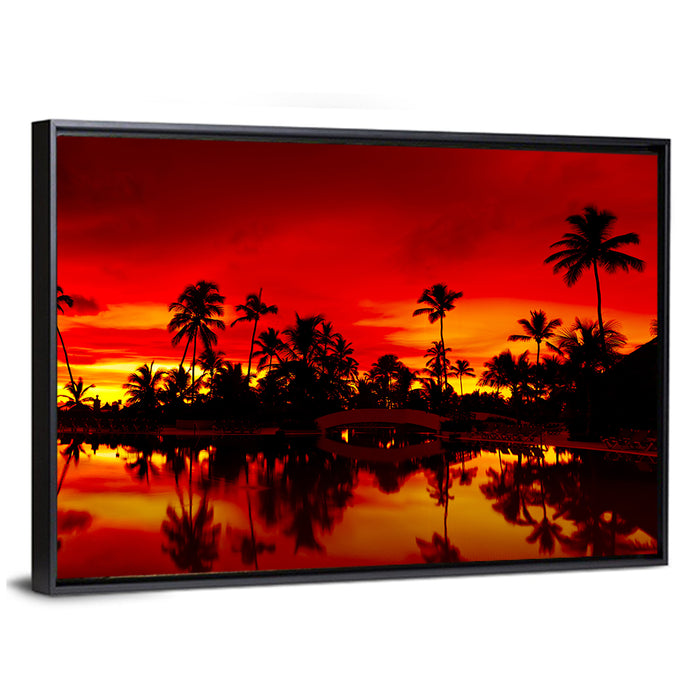 Sunset Over Sea with Palm Silhouettes Wall Art as a framed canvas
