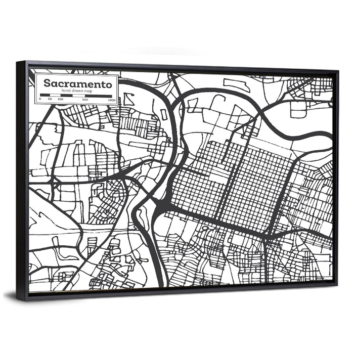 Sacramento Street Grid Map Wall Art as a framed canvas