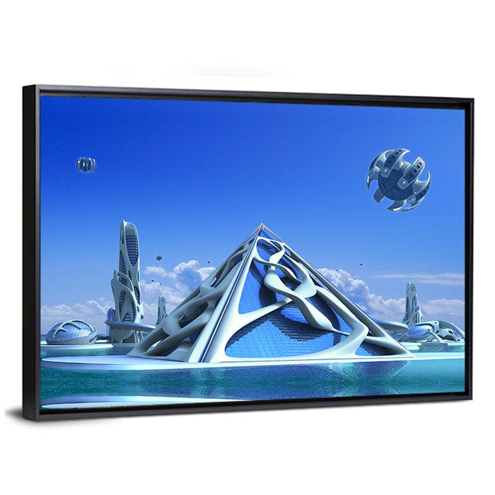 Futuristic Glass Pyramid City Wall Art as a framed canvas