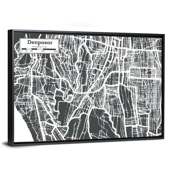 Denpasar Street Grid Map Wall Art as a framed canvas