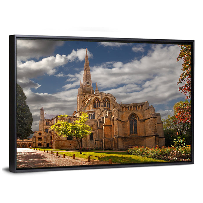 Peterborough Cathedral Low Angle View Wall Art as a framed canvas
