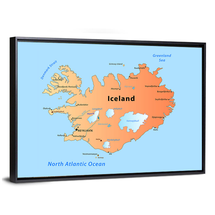Iceland Map Illustration Wall Art as a framed canvas