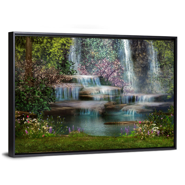 Multi-tier Jungle Waterfall with Pink Blossoms Wall Art as a framed canvas