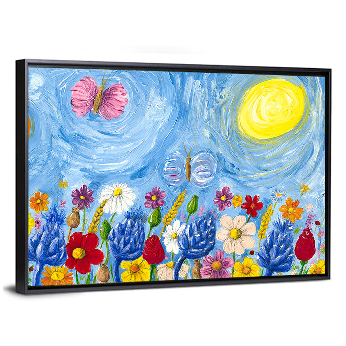 Sunlit Wildflower Meadow with Butterflies Wall Art as a framed canvas