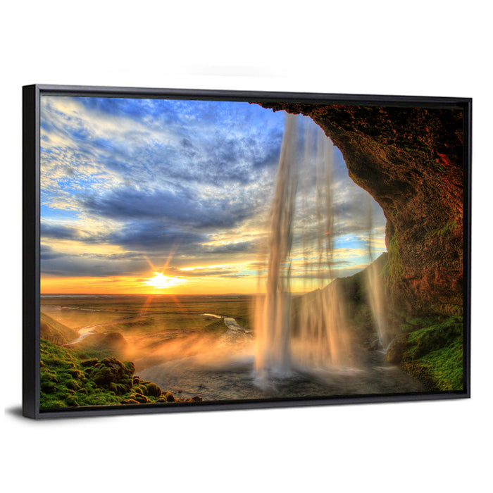 Seljalandsfoss at Sunset Wall Art as a framed canvas