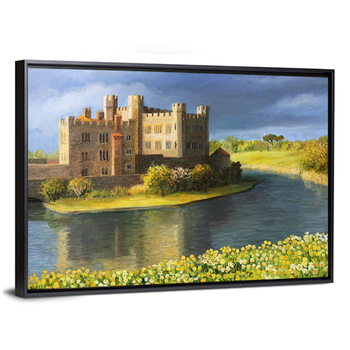 Castle Reflected Over Flower Meadow Wall Art as a framed canvas