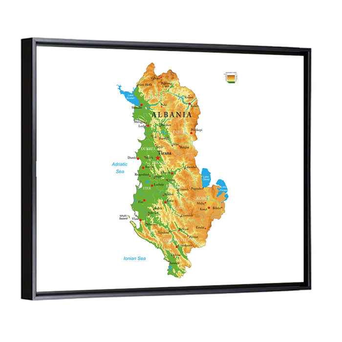 Albania Terrain Map Wall Art as a framed canvas