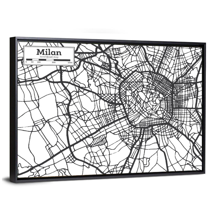 Milan City Map Monochrome Wall Art as a framed canvas