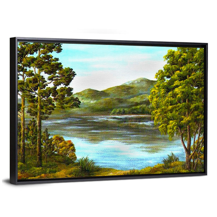 Tranquil Mountain Lake Wall Art as a framed canvas