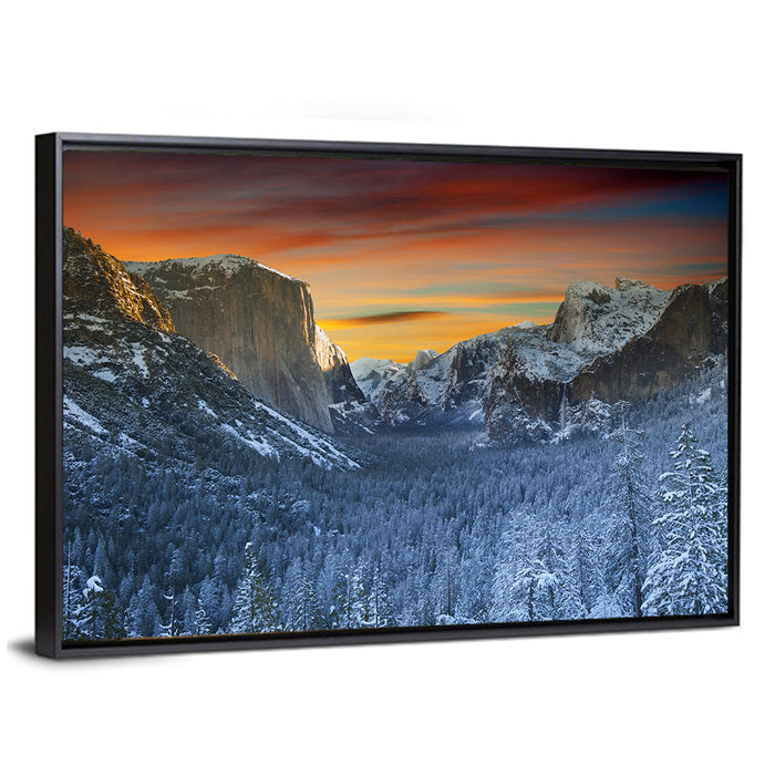 Yosemite Valley Winter Sunset Wall Art as a framed canvas