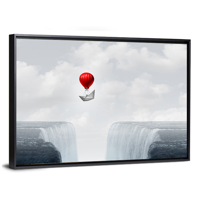 Paper Boat Suspended by Red Balloon Wall Art as a framed canvas