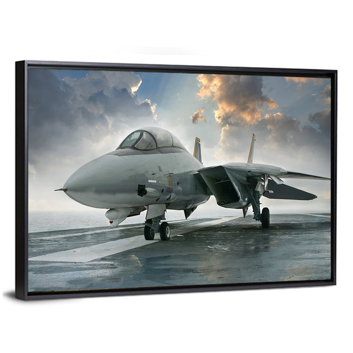 Swept-wing Jet on Flight Deck Wall Art as a framed canvas
