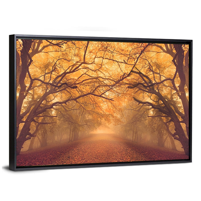 Golden Autumn Forest Path Wall Art as a framed canvas