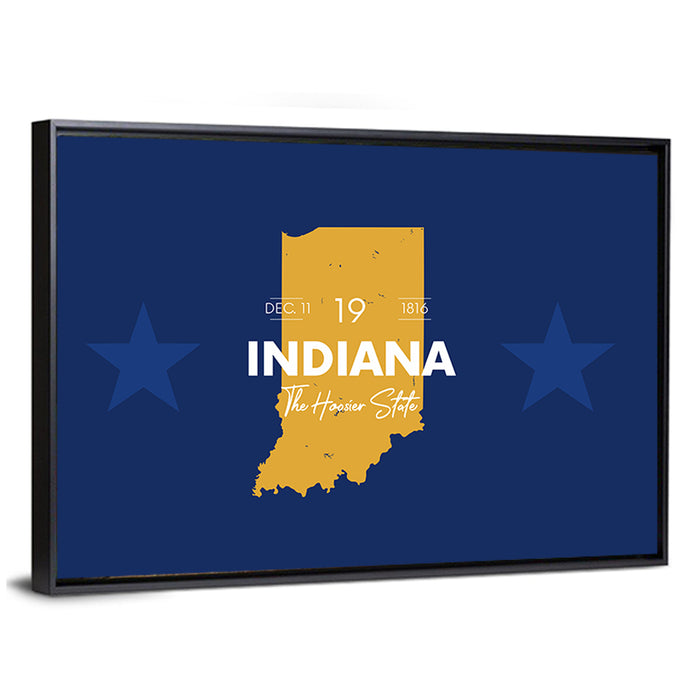 Indiana Typographic Map Wall Art as a framed canvas