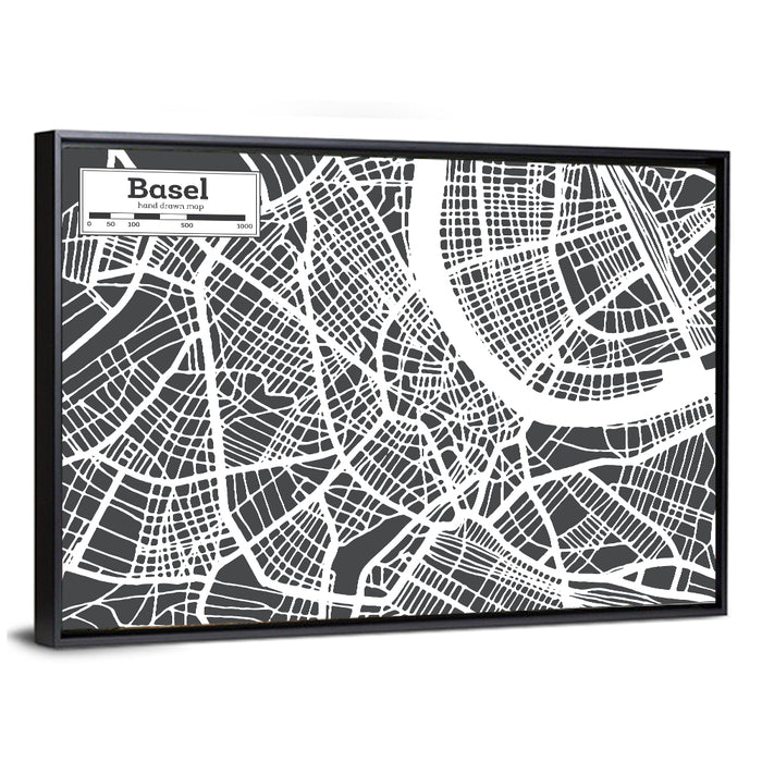 Basel River Bend Map Wall Art as a framed canvas