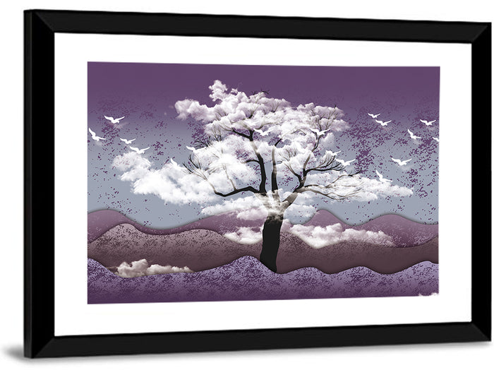 Ethereal Purple Tree Landscape Wall Art as a framed print
