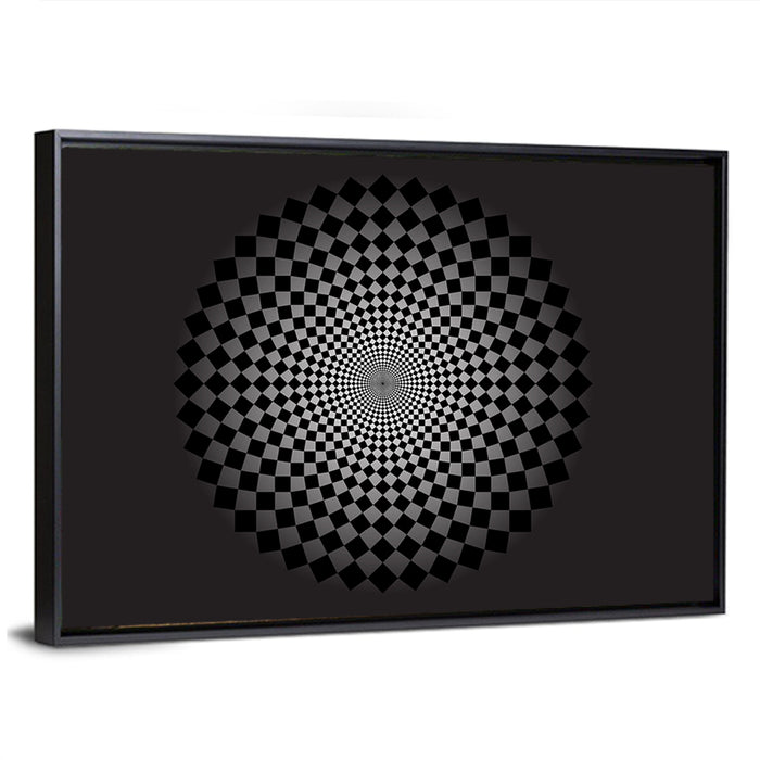 Monochrome Checkerboard Spiral Wall Art as a framed canvas