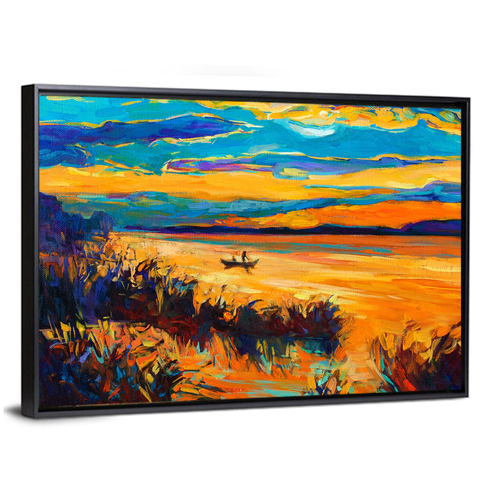 Impressionist Lake Sunset Wall Art as a framed canvas