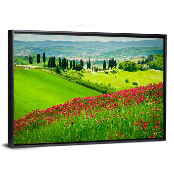 Tuscany Hill with Red Wildflowers Wall Art as a framed canvas