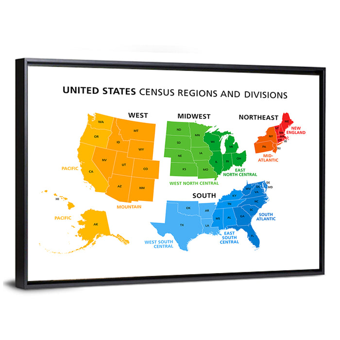 United States Census Regions Map Wall Art as a framed canvas